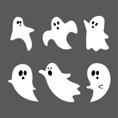 Cadılar Bayramı dekorasyonları ve ürkütücü tasarımlar için mükemmel gri bir arkaplan üzerinde farklı pozlarda bir dizi sevimli çizgi film hayaleti. Bu koleksiyon, el ilanları için, internet siteleri için ya da Cadılar Bayramı kutlamaları için yaratılan görsel medya için kullanılabilir.