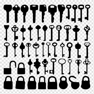 Güvenlik erişimi ve güvenlik kavramları için mükemmel bir arka plan üzerinde çeşitli siluet anahtar ve kilitleri gösteren detaylı bir illüstrasyon Bu koleksiyon ev güvenliği veri koruması ve sistemiyle ilgili tasarımlarda kullanılabilir