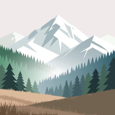 Sisli dağların desteklediği bir ormanın önündeki buğday tarlasının vektör çizimi, tazeliği iletmek için derin doğal tonlar ve minimalist stil kullanıyor.