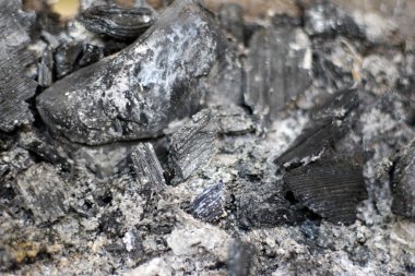 Close-up of gray and black charcoal with ash, showcasing the intricate textures of burned wood remains and ash, providing a natural and monochrome composition.