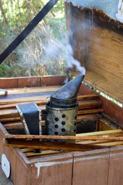 Macro shot of a bee smoker emitting smoke while standing on top of the open bee hive in the countryside on a sunny summer day, beekeeping concept and apiculture background.