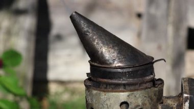 Doğal ortamda yıpranmış ahşap bir çitin üzerinde dinlenen klasik arı içicisi, dumandan nazikçe kaçıyorlar, sonbahar yaprakları ve arka planda bulanık bir bina, arıcılık ekipmanları sergiliyor.