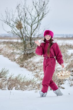 Canlı kırmızı bir kar elbisesi ve uyumlu bir şapka giymiş hoş bir genç kadın, kar kaplı bir alanda top keklerle dolu bir sepetle dolaşırken neşe saçıyor, izleyicileri kış cazibesini ve dinginliğe karşı tatlı ikramları paylaşmaya davet ediyor.
