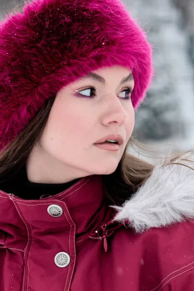 Pembe kürk şapkalı ve şık kışlık ceketli büyüleyici bir genç kadının portresi kar güzelliğinin arka planına karşı, kış gününde düşünceli ve zarif görünüyor..