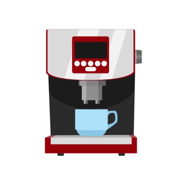 Office kahve makinesi vektör çizim düz tarzı. Kupası ile kahve makinesi. Beyaz arka plan üzerinde izole eve kahve makinesi. Aletleri