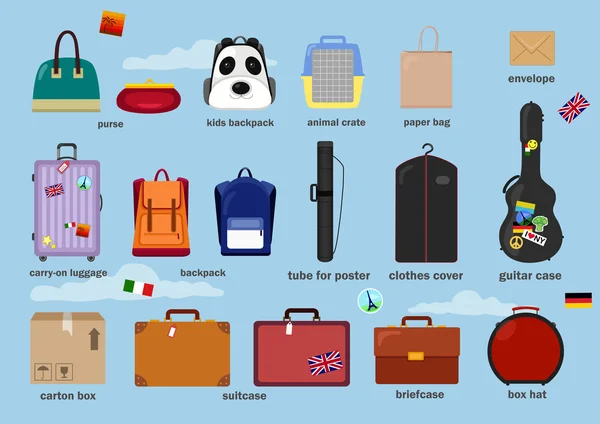 さまざまな種類の荷物、バッグ、ケース、スーツケース、バックパック、リュックサック, ボックス, 機内持ち込み手荷物, ポスター, 財布, 動物の箱の管の紙バッグ、洋服カバー、ギターケース。ベクトル図 ロイヤリティフリーストックベクター