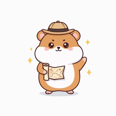 Tapılası bir çizgi film hamster 'ı elinde harita tutarken ve şeffaf bir arka planda şapka takarken resmediliyor. Resim detaylı çizgiler ve yumuşak gölgeleme ile sıcak renkler içerir. Dost canlısı karaktere odaklanmış kapalı bir ortam öneriyor. Bu...