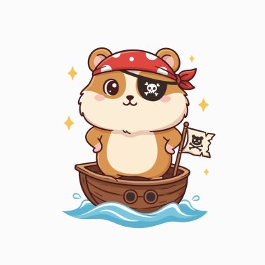 Çizgi filmlerde korsan kılığındaki bir hamsterın sudaki ahşap bir teknede durması anlatılır. Canlı görüntü yumuşak renklere ve röflelere sahip neşeli bir stil sergiliyor. Bu resim çocukların bo 'su da dahil olmak üzere çeşitli projelerde kullanılabilir.