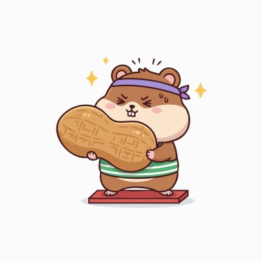 Bir çizgi film hamsterı büyük bir fıstığı kaldırmaya çalışırken resmedilir. İllüstrasyon, yumuşak dokular ve röflelerle parlak renkler ve oyuncu bir stil kullanır. Kompozisyonda, şeffaf bir arkaplan üzerine kurulmuş merkezli bir figür yer alıyor. Bu resim 