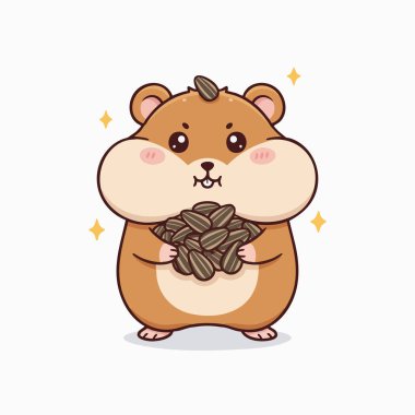 Çekici bir çizgi film, bir avuç cömert ayçekirdeğini elinde tutan bir hamster tasvir ediyor. İllüstrasyonda sıcak kahverengi ve krema tonları pembe yanaklarla sunuluyor. Bu tarz şeffaf bir arkaplan karşısında yumuşak çizgiler ve neşeli bir ifade içerir.