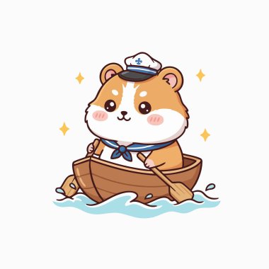 Neşeli bir hamster, şeffaf bir arka planda sunulan küçük bir ahşap botta geziniyor. Çizimde denizci şapkası ve atkısı içindeki hamster yer alıyor. Yumuşak renkler ve yuvarlak şekiller çizgi film tarzını tanımlar. Bu resim vario için kullanılabilir