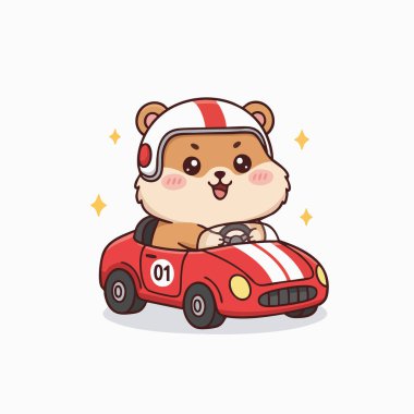 Neşeli bir çizgi film, saydam bir arkaplana karşı kırmızı bir yarış arabası süren bir hamsterı tasvir eder. Hamster yarış kaskı takıyor ve neşeli bir ifade sergiliyor. İllüstrasyon canlı renkler ve çeşitli uygulamalar için uygun bir dostane biçim kullanır