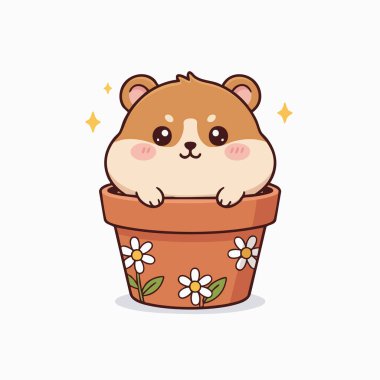 Çiçek saksısının içine yerleştirilmiş bir çizgi film tarzında sevimli bir hamster sunuluyor. İllüstrasyonda yumuşak bir renk paleti yer alır ve hamster dostça bir ifade sergiler. Çiçek desenleri tencerenin dış görünüşünü süslüyor. Bu da bir oyun olduğunu gösteriyor.