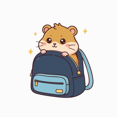 Neşeli bir çizgi film, şeffaf bir arka plana karşı koyu mavi bir sırt çantasından çıkan bir hamster tasvir eder. Resimde kahverengi kürkü ve büyük gözleri olan sevimli bir hamster yer alıyor. Sırt çantasının etrafında parıldayan altın yıldızlar, tuhaf bir sui stili olduğunu gösteriyor.