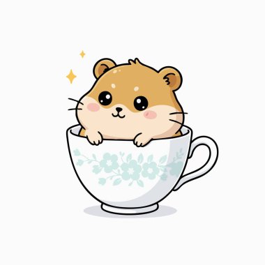 Çekici bir illüstrasyon çiçekli bir çay fincanının içine yerleştirilmiş küçük bir hamster tasvir ediyor. Eserde yumuşak, sıcak renkler ve dostça bir çizgi film tarzı sergileniyor. Şeffaf arkaplan çok yönlü uygulama için izin verir. Bu resim...