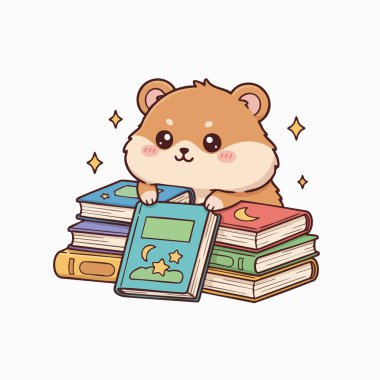 Çekici bir illüstrasyonda renkli kitaplarla etkileşen bir çizgi film hamsterı var. Sanat eserleri yumuşak gölgelendirmeli basit ve temiz bir stil kullanır. Parlak renkler ve neşeli kompozisyon eğitici ya da çocuk teması içeriyor, uygun!