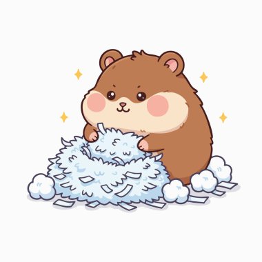 Çekici bir illüstrasyonda bir çizgi film hamsterının kağıt parçalarıyla etkileşimi görülüyor. Eserde canlı renkler, pürüzsüz bir doku ve neşeli bir kompozisyon yer alıyor. Net çizgileri ve parlak röfleleriyle görüntü, açık yürekli ve... 