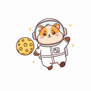 Astronot kıyafetli bir hamster, sarı bir gezegenin yakınında yüzer ve yıldızların önünde şeffaf bir arkaplan oluşturur. Resimde yuvarlak formlar ve canlı renklerle yumuşak ve davetkar bir stil kullanılıyor. Neşeli bir mizacı var.