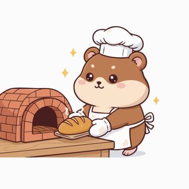 Şef şapkası ve önlüğü olan sevimli bir çizgi film hayvanı fırından taze çıkmış bir somun ekmek tutar. Sahne, şeffaf bir arkaplan ile ahşap bir yüzey üzerinde bir tuğla fırını içeriyor. İllüstrasyon yumuşak, çekici ve uygun bir şekilde sunulmuştur. 