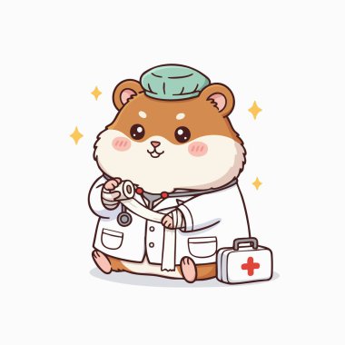 Bu resimde doktor önlüğü ve şapkası giyen, sargıyı dikkatlice saran büyüleyici bir hamster resmediliyor. Yumuşak dokuları, canlı renkleri ve şeffaf arkaplanı olan bir çizgi film tarzına sahiptir. Kompozisyona göre tıbbi bir tema olabilir.