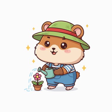 Çekici bir çizgi film hamsterı saksıdaki çiçeğe bakıyor. Resimde canlı bir renk paleti, yumuşak bir ışıklandırma ve neşeli bir karakter yer alıyor. Görüntü bir sevinç hissi uyandırıyor. Çocuk kitapları, eğitim materyalleri ya da 