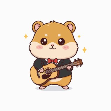 Bir çizgi filmdeki hamster smokin giymiş, elinde akustik gitar tutuyor ve çalıyor. Karakterin büyük gözleri ve pembe yanakları olan sevimli, stilize bir görünüşü var. Kompozisyon parlak renkler ve bir transfere karşı yumuşak, illüstrasyon tarzı kullanır