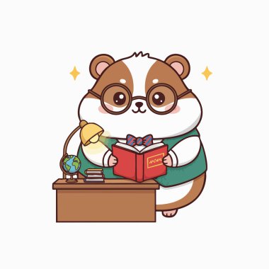 Bu illüstrasyon, masada otururken kitap okumaya dalmış büyüleyici bir çizgi film hamsterını tasvir ediyor. Görüntü, yumuşak gölgeli canlı bir renk paleti sergiliyor. Bir küre, lamba ve gözlük sahnenin çalışkan atmosferine eklenir.