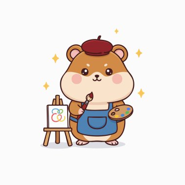 Ressam olarak tasvir edilen bir çizgi film hamsterının elinde boya fırçası ve palet olduğu gösterilir. Hamster, renkli bir sanat eseriyle ahşap bir sehpanın yanında duran bir bere ve önlük takıyor. Tarz yumuşak renkler ve temiz çizgiler içeriyor.