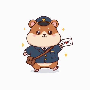 Çekici bir çizgi film postacı gibi giyinmiş bir hamster tasvir eder. Hamster, şeffaf bir arkaplan ile bir kalp içeren bir zarf tutuyor. İllüstrasyon yumuşak renkler ve basit şekiller kullanır ve dost bir görünüme odaklanır. Bu resim sui