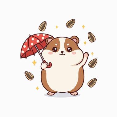 Etkileyici bir illüstrasyonda kırmızı benekli şemsiye tutan dost canlısı bir hamster yer alıyor. Çizgi film stilinde düz çizgiler ve yumuşak renkler sergilenir. Ayçiçeği çekirdekleri hamsterın etrafında yüzerek neşeli kompozisyona eklenir. Görüntü parlak olduğunu gösteriyor., 