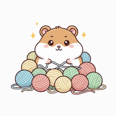 Sevimli bir hamster, şeffaf bir arkaplana karşı sunulan renkli iplik toplarının arasına yerleştirilmiş. İllüstrasyon, hafif ışıklandırma ve neşeli bir kompozisyonla eğlenceli bir çizgi film tarzı sergiliyor. Bu resim uygun. 