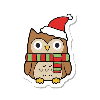 Noel Baba Şapkası ve Atkı Etiketi Giyen Sevimli Baykuş Çizgi Filmi.