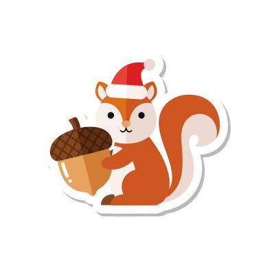 Noel Baba Şapkası Giyen Şirin Sincap Noel Çıkartması Tutuyor.