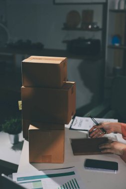 Girişim, küçük işletme, KOBİ sahibi online siparişleri kontrol ediyor. Veri günlüğü iş büyümesi, ürünler satmak, kutularla çalışmak. Ev işlerinde serbest çalışma. Çevrimiçi iş dünyası küçük organizasyon.