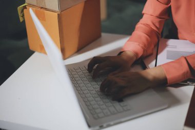 Girişim, küçük işletme, KOBİ sahibi online siparişleri kontrol ediyor. Veri günlüğü iş büyümesi, ürünler satmak, kutularla çalışmak. Ev işlerinde serbest çalışma. Çevrimiçi iş dünyası küçük organizasyon.