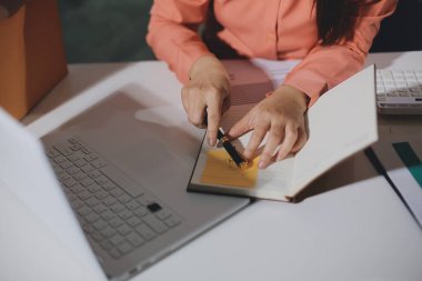 Girişim, küçük işletme, KOBİ sahibi online siparişleri kontrol ediyor. Veri günlüğü iş büyümesi, ürünler satmak, kutularla çalışmak. Ev işlerinde serbest çalışma. Çevrimiçi iş dünyası küçük organizasyon.