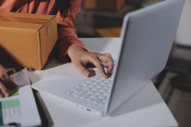 Girişim, küçük işletme, KOBİ sahibi online siparişleri kontrol ediyor. Veri günlüğü iş büyümesi, ürünler satmak, kutularla çalışmak. Ev işlerinde serbest çalışma. Çevrimiçi iş dünyası küçük organizasyon.