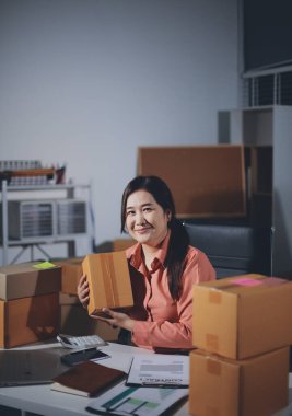 Girişim, küçük işletme, KOBİ sahibi online siparişleri kontrol ediyor. Veri günlüğü iş büyümesi, ürünler satmak, kutularla çalışmak. Ev işlerinde serbest çalışma. Çevrimiçi iş dünyası küçük organizasyon.