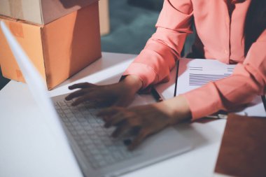 Girişim, küçük işletme, KOBİ sahibi online siparişleri kontrol ediyor. Veri günlüğü iş büyümesi, ürünler satmak, kutularla çalışmak. Ev işlerinde serbest çalışma. Çevrimiçi iş dünyası küçük organizasyon.