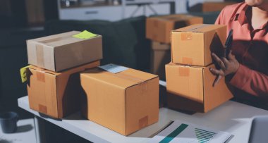 Girişim, küçük işletme, KOBİ sahibi online siparişleri kontrol ediyor. Veri günlüğü iş büyümesi, ürünler satmak, kutularla çalışmak. Ev işlerinde serbest çalışma. Çevrimiçi iş dünyası küçük organizasyon.