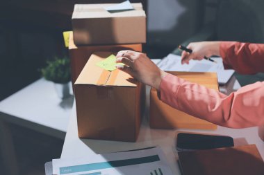 Girişim, küçük işletme, KOBİ sahibi online siparişleri kontrol ediyor. Veri günlüğü iş büyümesi, ürünler satmak, kutularla çalışmak. Ev işlerinde serbest çalışma. Çevrimiçi iş dünyası küçük organizasyon.