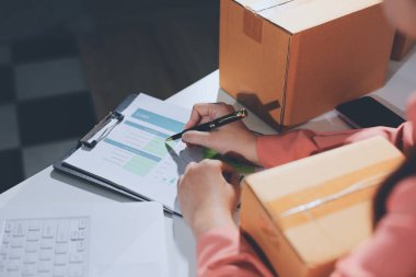 Girişim, küçük işletme, KOBİ sahibi online siparişleri kontrol ediyor. Veri günlüğü iş büyümesi, ürünler satmak, kutularla çalışmak. Ev işlerinde serbest çalışma. Çevrimiçi iş dünyası küçük organizasyon.