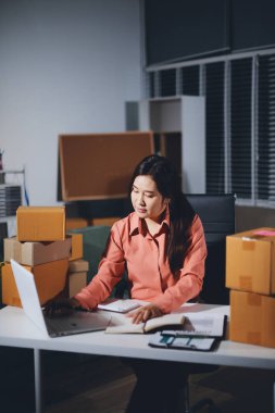 Girişim, küçük işletme, KOBİ sahibi online siparişleri kontrol ediyor. Veri günlüğü iş büyümesi, ürünler satmak, kutularla çalışmak. Ev işlerinde serbest çalışma. Çevrimiçi iş dünyası küçük organizasyon.