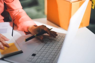 Girişim, küçük işletme, KOBİ sahibi online siparişleri kontrol ediyor. Veri günlüğü iş büyümesi, ürünler satmak, kutularla çalışmak. Ev işlerinde serbest çalışma. Çevrimiçi iş dünyası küçük organizasyon.