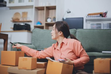 Girişim, küçük işletme, KOBİ sahibi online siparişleri kontrol ediyor. Veri günlüğü iş büyümesi, ürünler satmak, kutularla çalışmak. Ev işlerinde serbest çalışma. Çevrimiçi iş dünyası küçük organizasyon.