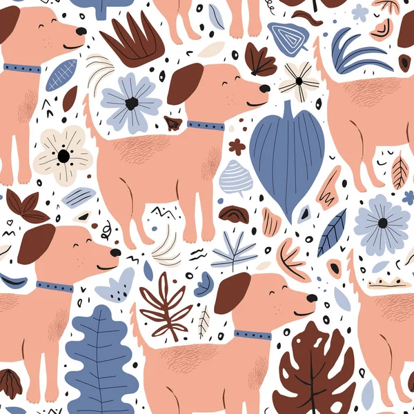 矢量手绘彩色儿童无缝重复简单的扁平图案与狗和叶子在白色背景上的丑闻风格 可爱的小动物 有小狗的孩子的模式 — 图库矢量图片