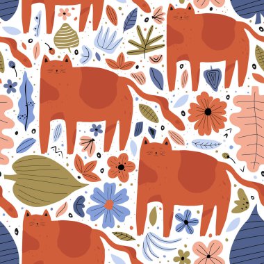 Komik kedileri ve çiçekleri olan kusursuz hayvanlar. Kartları selamlamak için mükemmel. Güzel düz vektör kartpostallar..