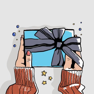 Hediye kutusu / hediye ya da Noel hediyesi eli kapat. Dekoratif hediye kutusu bir kurdeleyle bağlanmış ve sevdiğine sürpriz bir hediye verirken dikkatlice kadın ellerine sarılmış. Vektör illüstrasyonu.