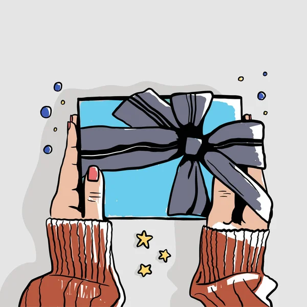 Hediye kutusu / hediye ya da Noel hediyesi eli kapat. Dekoratif hediye kutusu bir kurdeleyle bağlanmış ve sevdiğine sürpriz bir hediye verirken dikkatlice kadın ellerine sarılmış. Vektör illüstrasyonu.