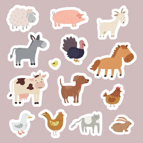 Set Pegatinas Con Animales Granja Colección Divertidas Mascotas Diferentes Animales — Vector de stock